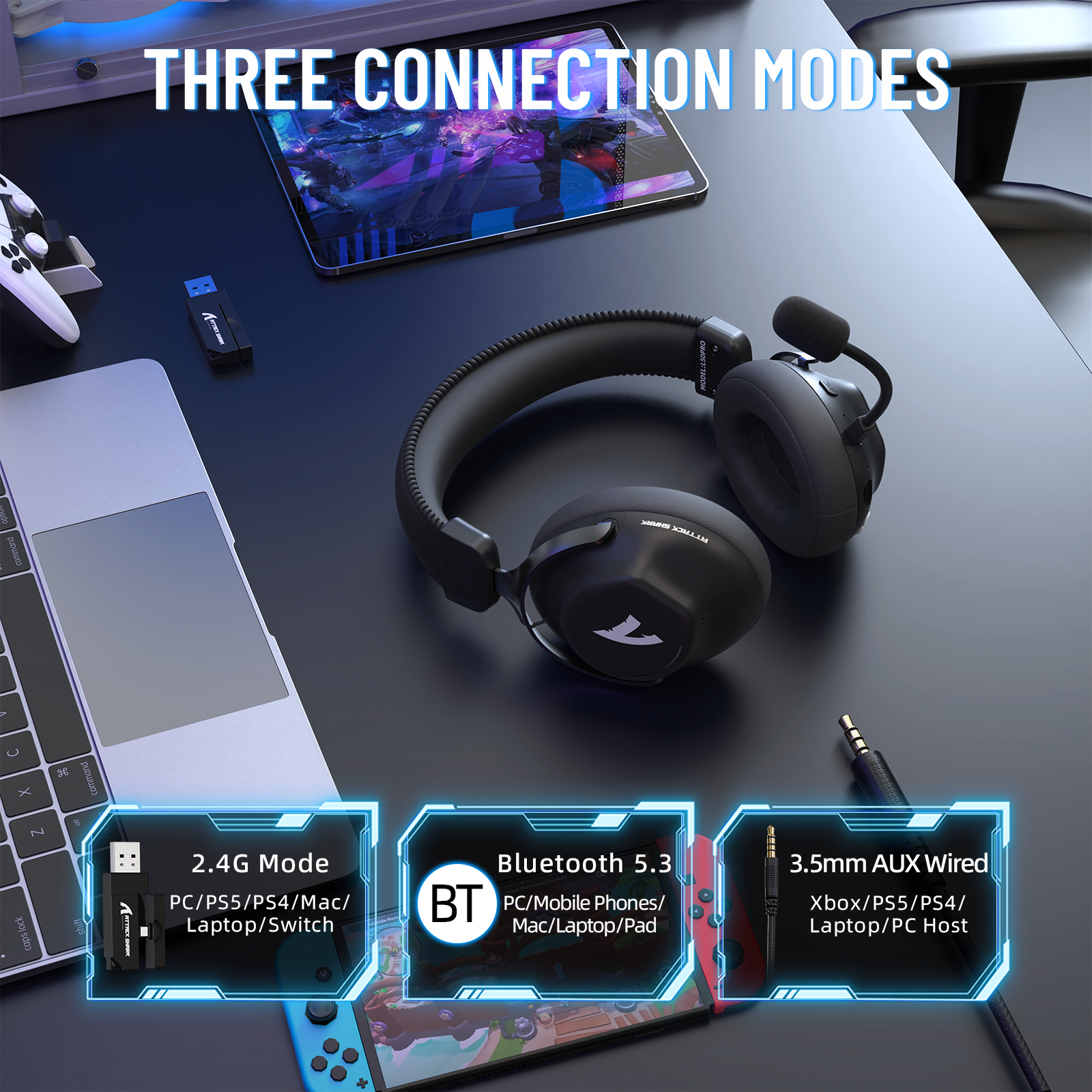 ATTACK SHARK L50 PRO 트라이모드 무선 게이밍 헤드셋