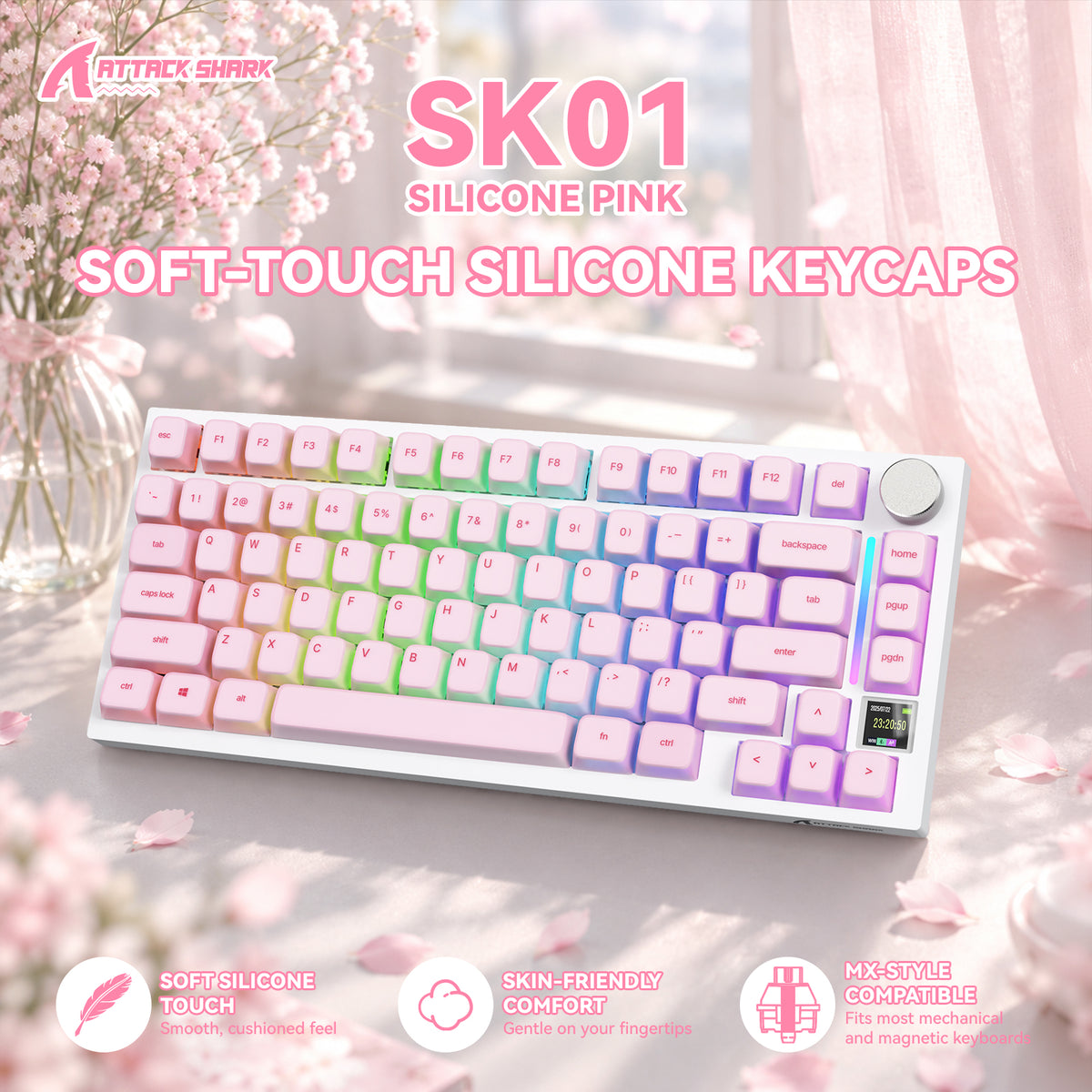 ATTACK SHARK SK01 113키 실리콘 키캡 세트, 체리 프로파일, ANSI, 핑크
