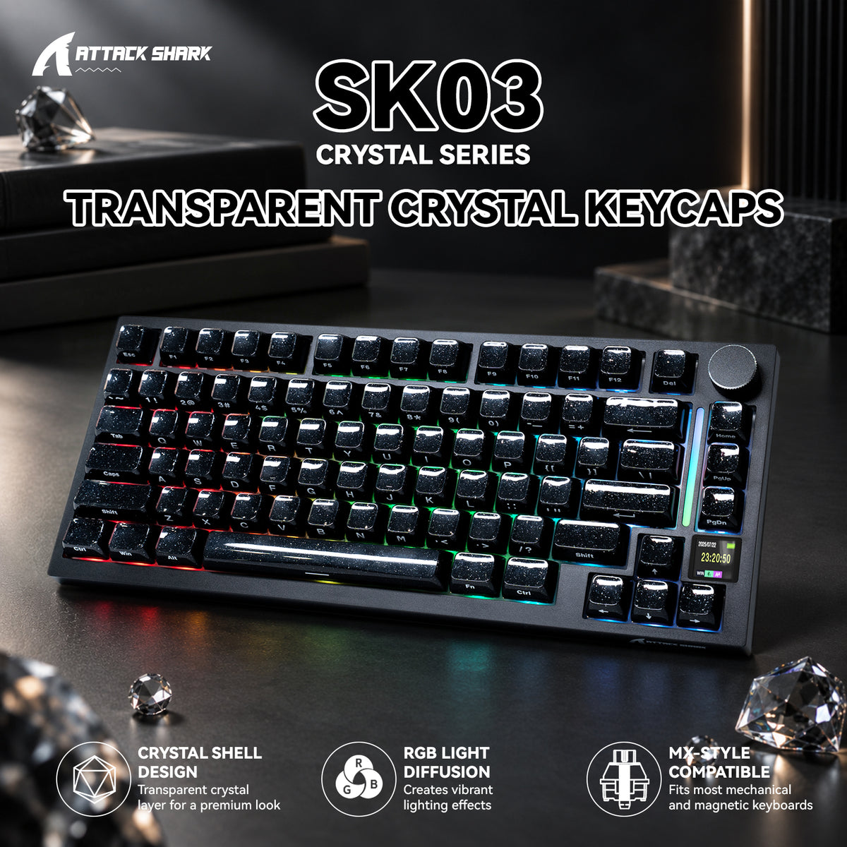 ATTACK SHARK SK03 136키 크리스털 키캡, ASA 프로파일, ANSI/ISO