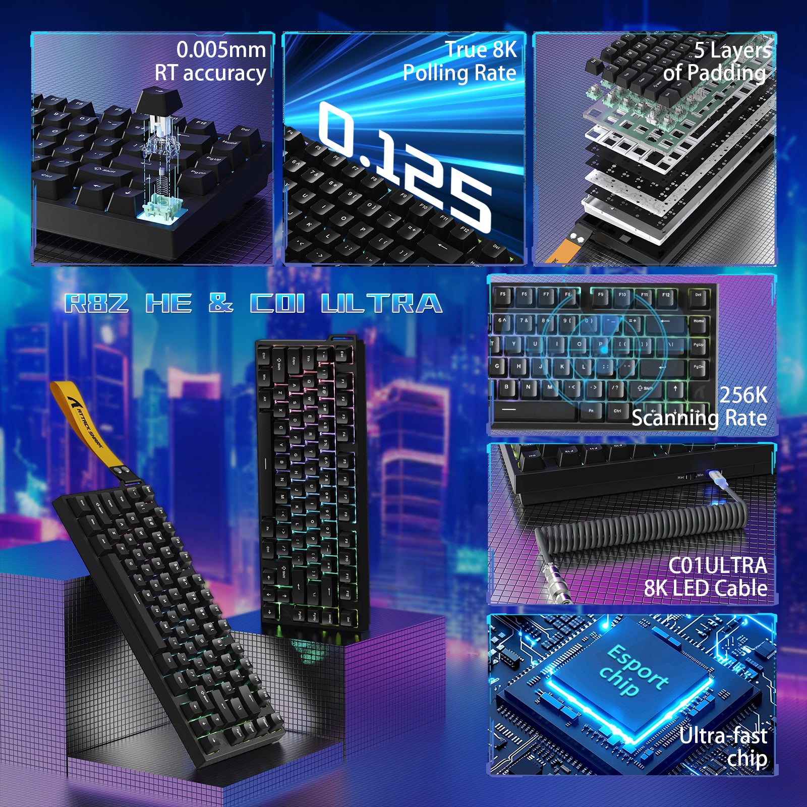 ATTACK SHARK R82 HE 유선 75% 게이밍 키보드 C01ULTRA LED 케이블 포함