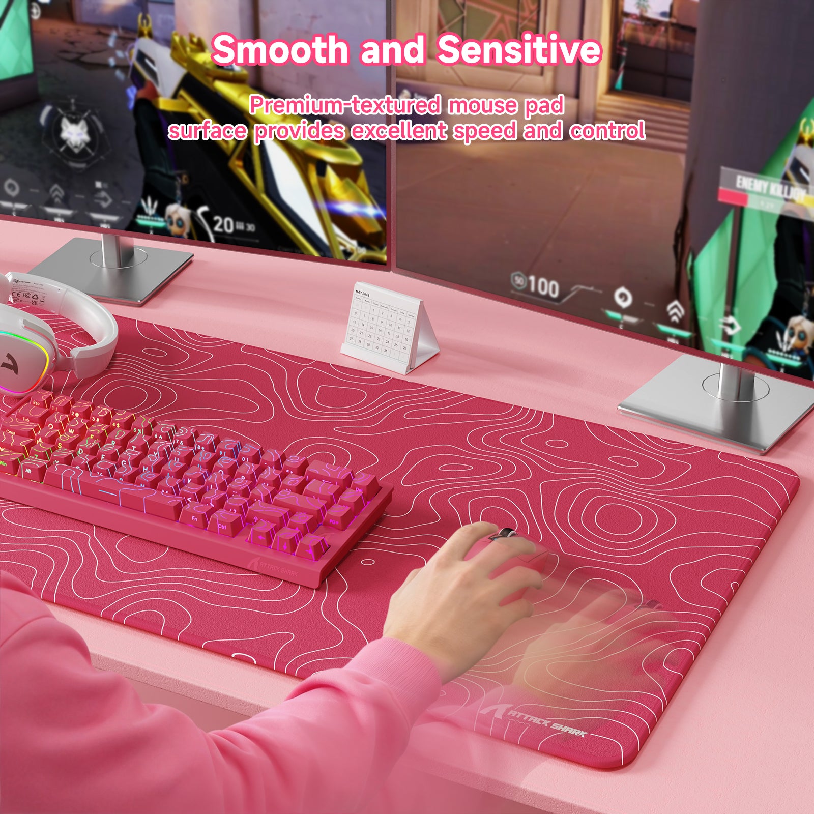 Pink ATTACK SHARK gaming mousepad with textured surface, white contour lines, and control glide