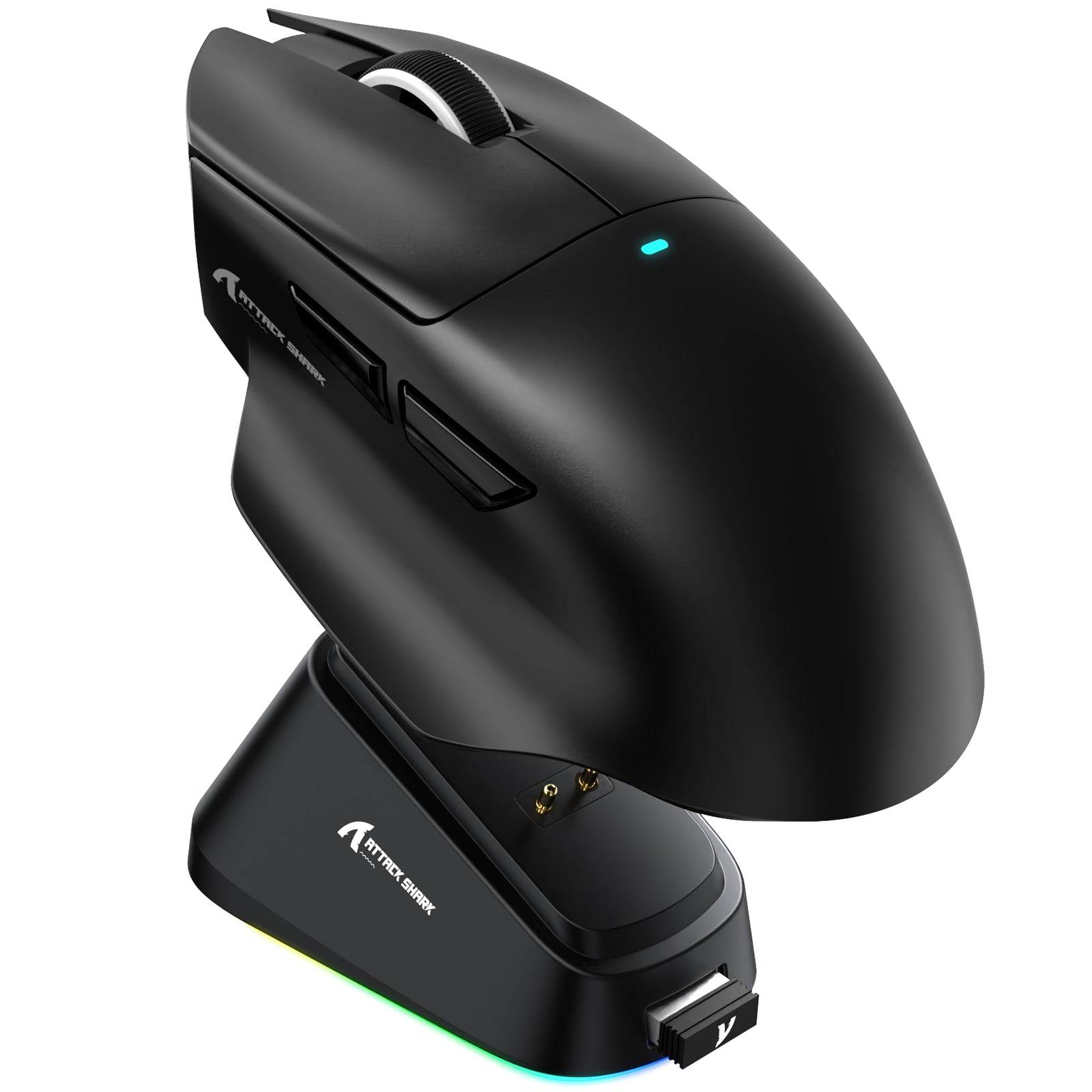 Black ATTACK SHARK V6 Tri-Mode Gaming Mouse with RGB charging dock