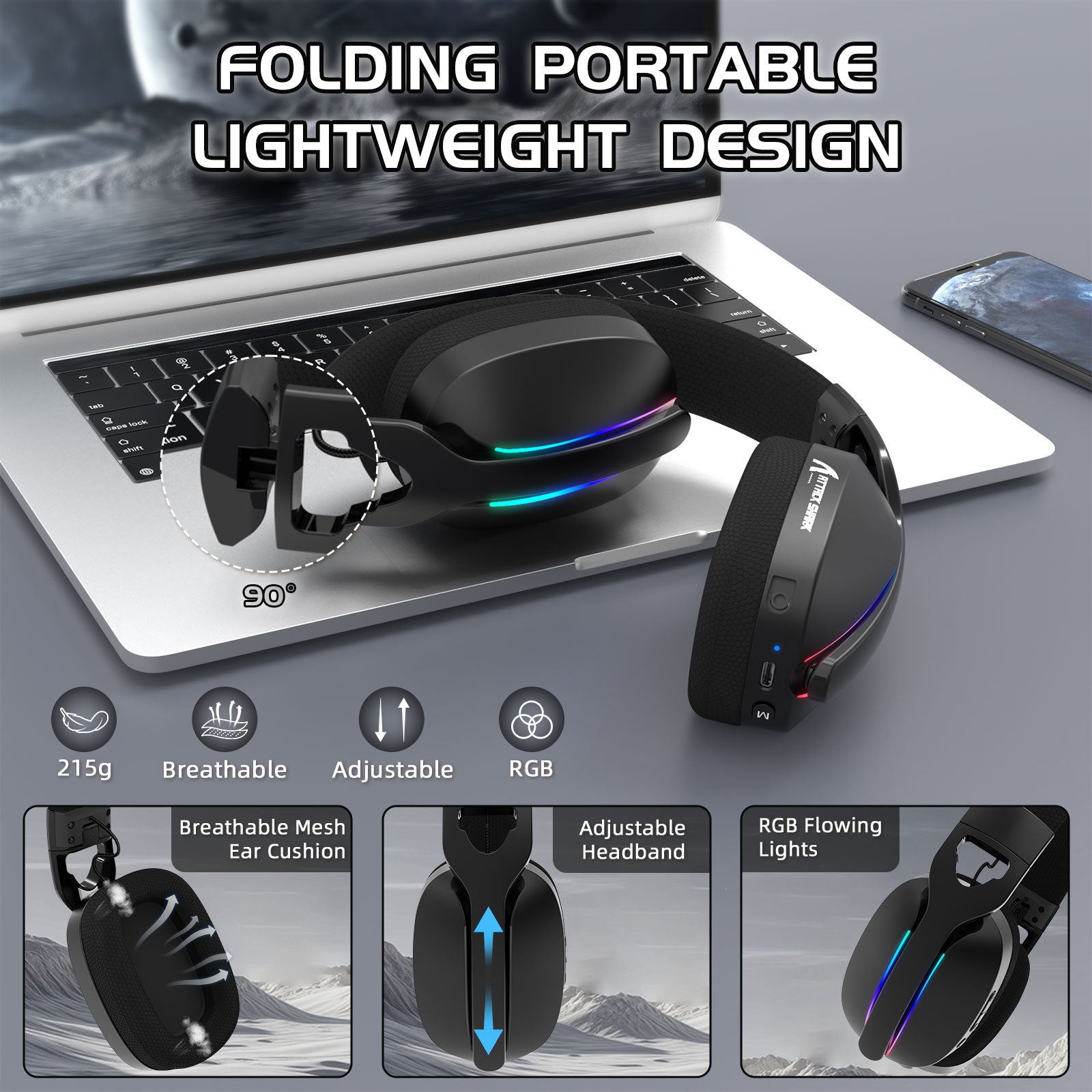 ATTACK SHARK L90 접이식 RGB Ultra-라이트 트라이모드 게이밍 헤드셋
