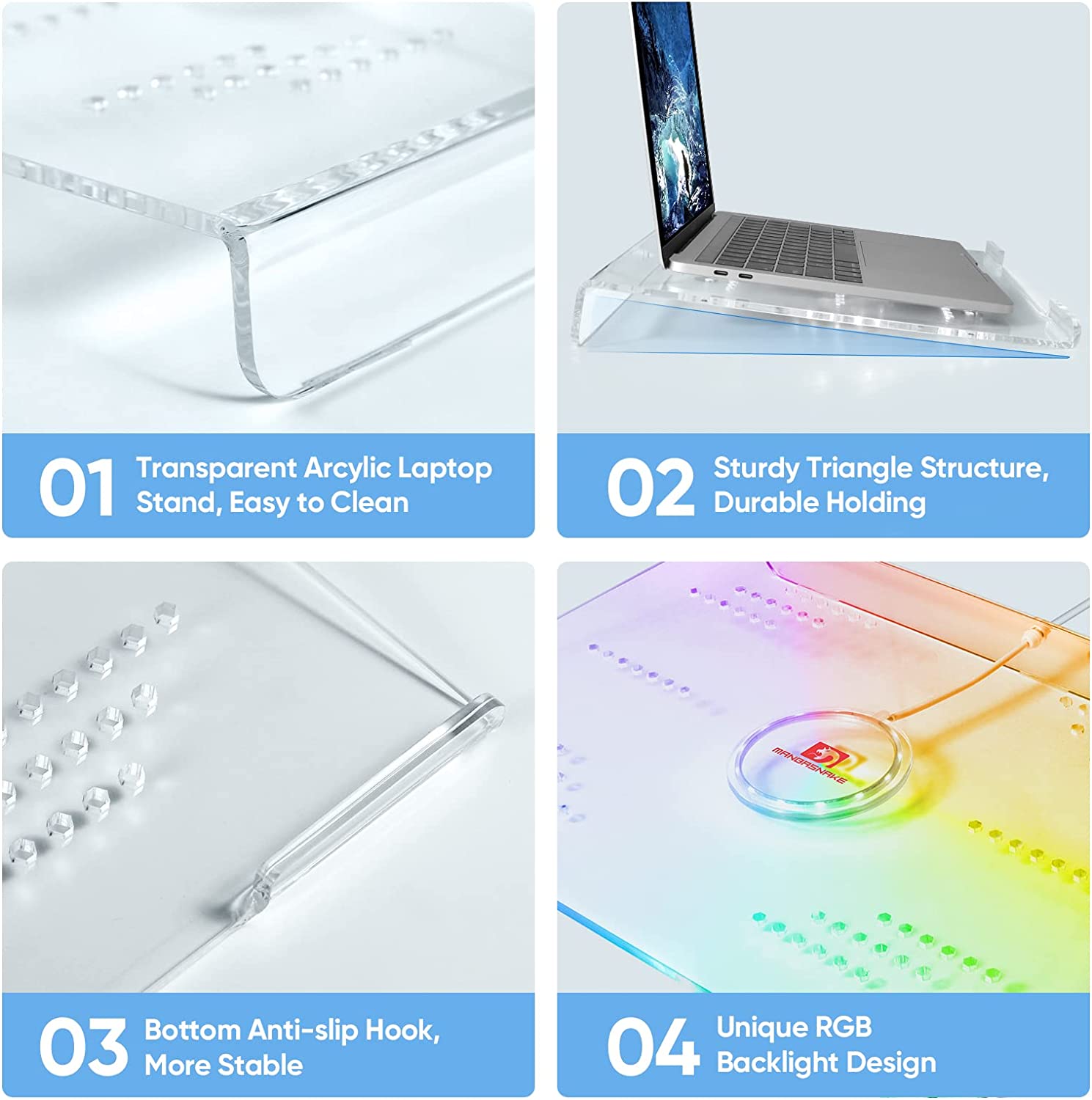 ATTACK SHARK x MAMBASNAKE clear acrylic laptop stand with RGB lighting & ergonomic design.