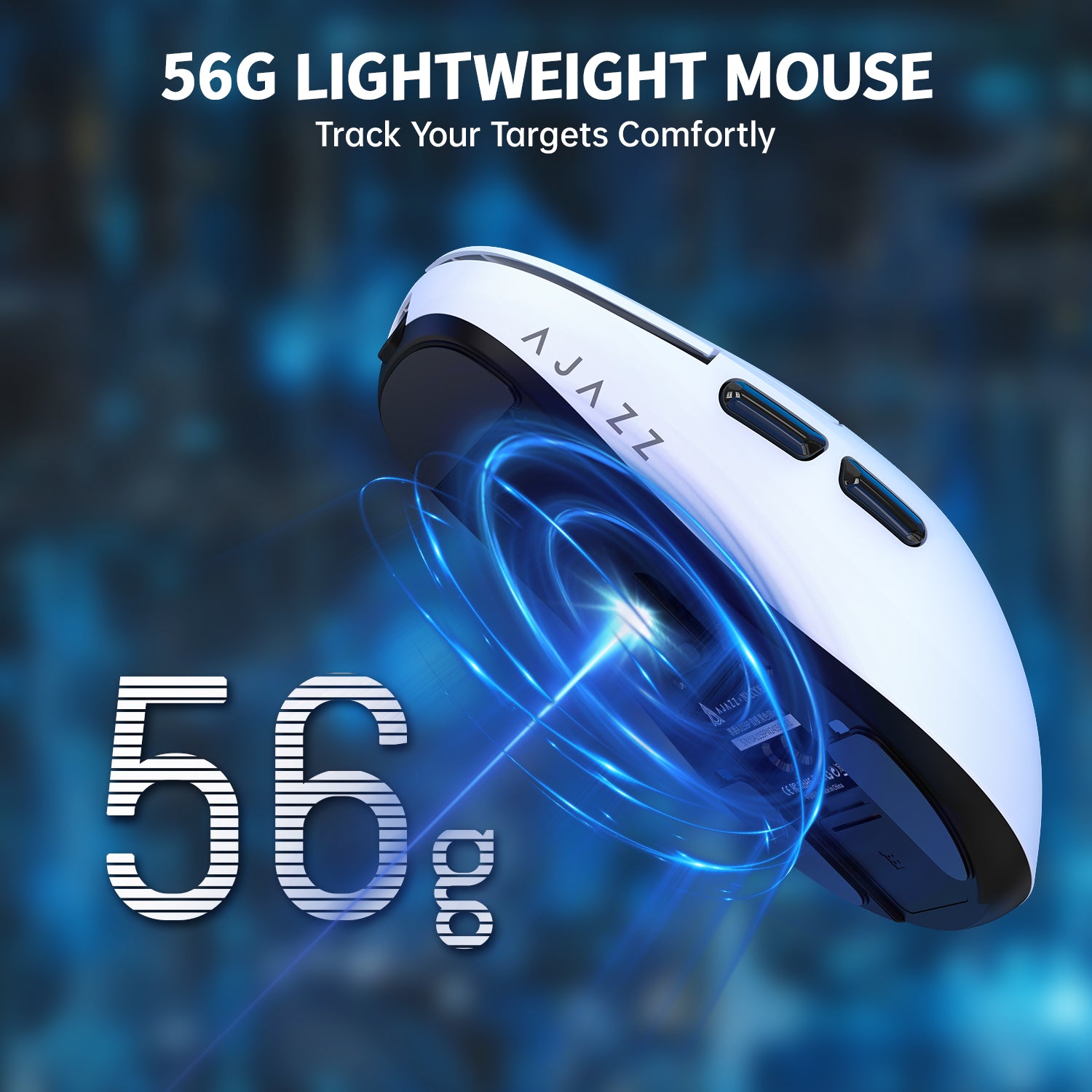 ATTACK SHARK x AJ159P white lightweight gaming mouse, 56g weight highlighted with blue energy swirls.