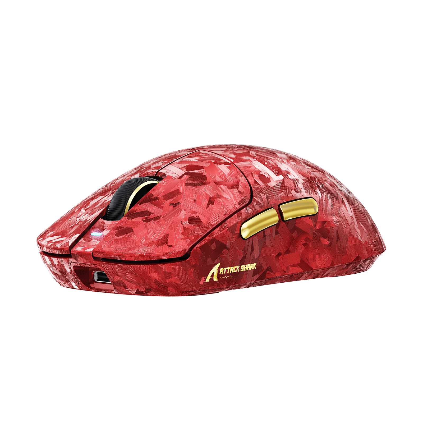 Red carbon fiber ATTACK SHARK RS3 ULTRA gaming mouse with gold buttons and scroll wheel