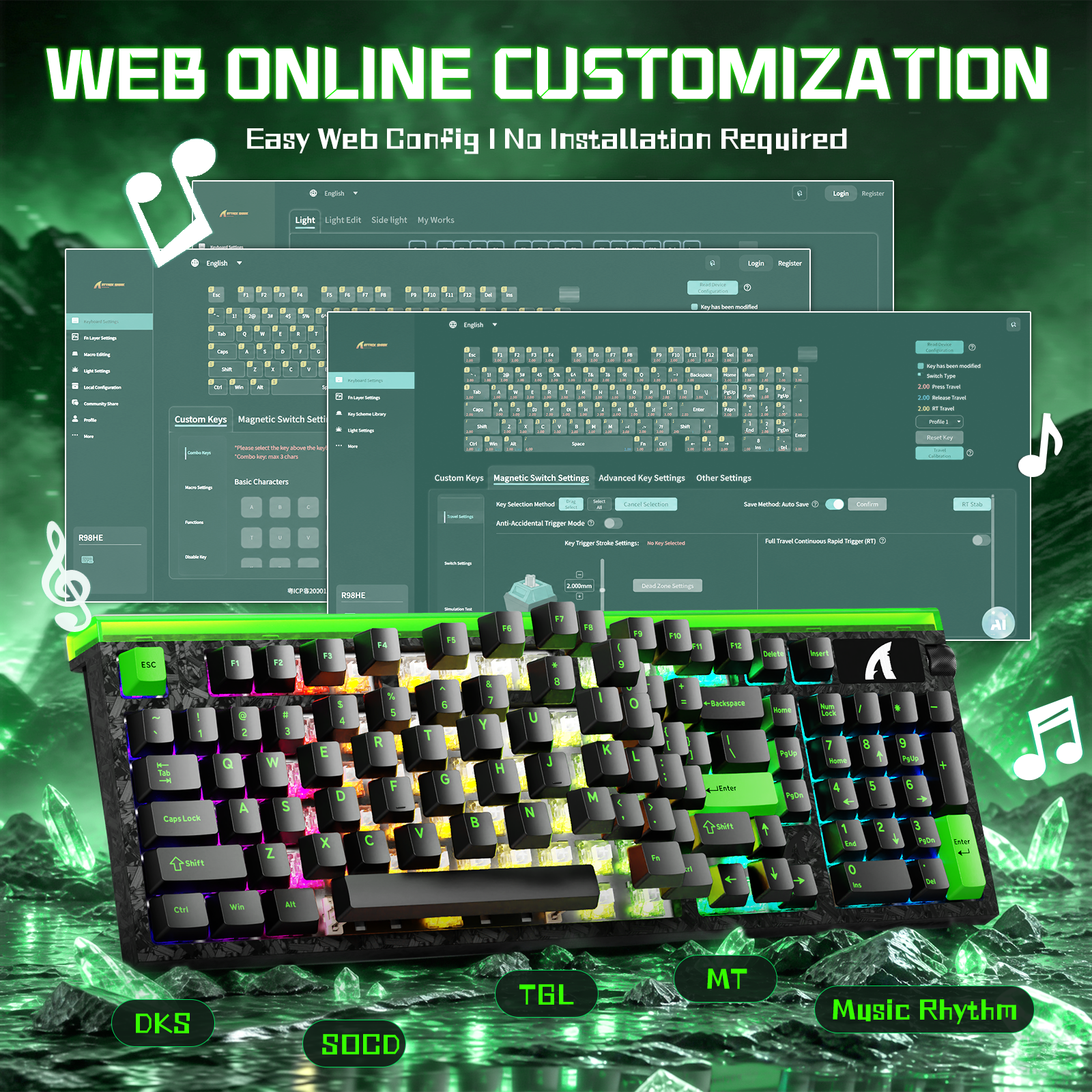 ATTACK SHARK R98 HE 카본 파이버 유선 빠른 트리거 마그네틱 스위치 키보드 C01 Ultra RGB 코일 케이블 포함