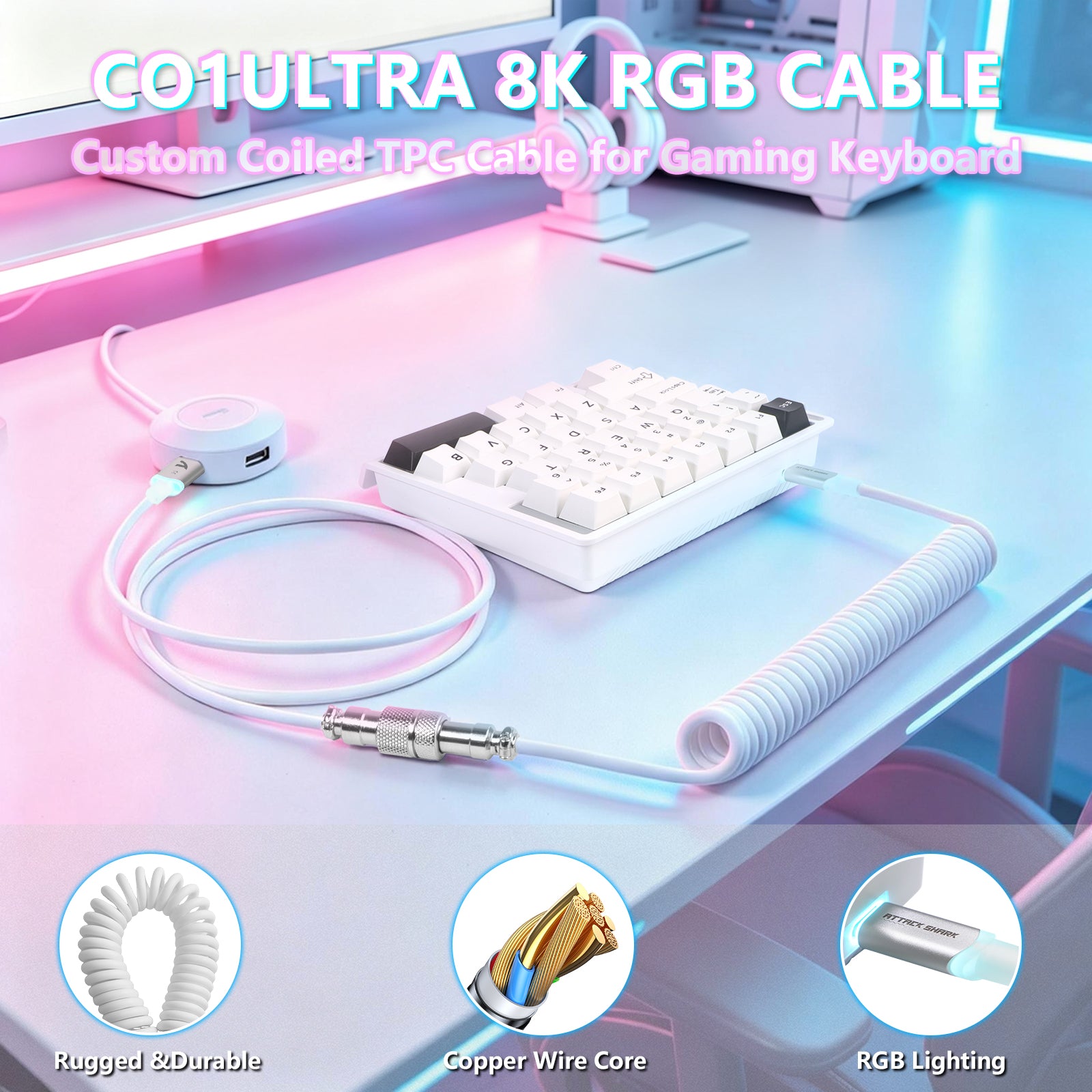 ATTACK SHARK M36 HE 한손용 마그네틱 스위치 키보드 & C01 ULTRA LED 조종사 케이블