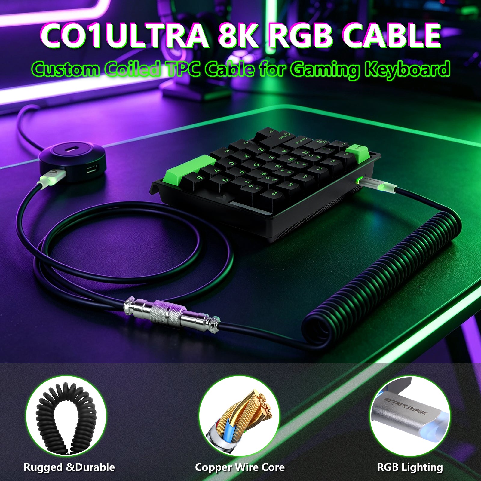 ATTACK SHARK M36 HE 한손용 마그네틱 스위치 키보드 & C01 ULTRA LED 조종사 케이블