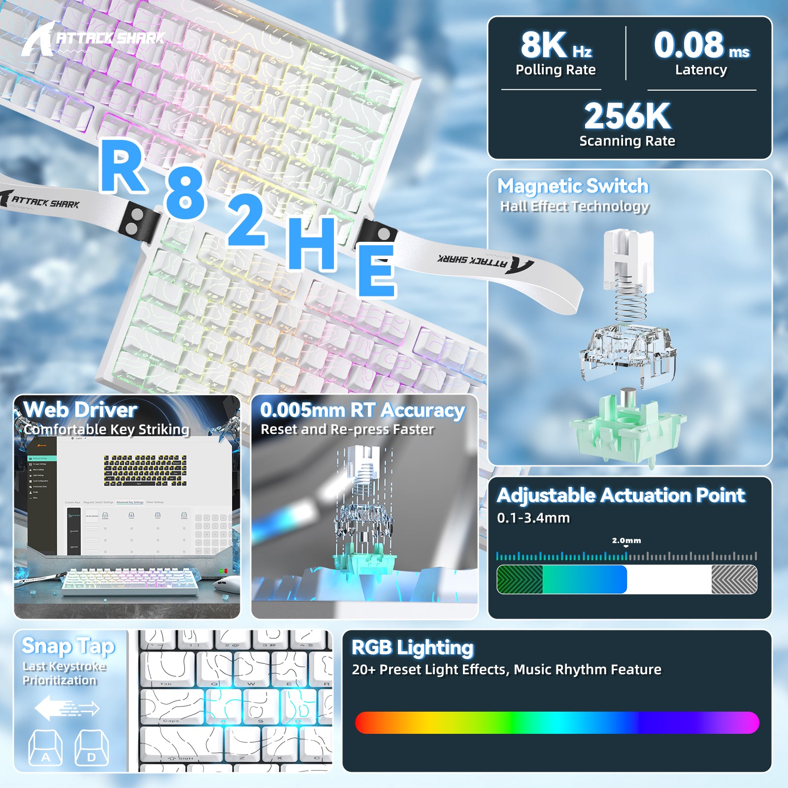 ATTACK SHARK R82 HE 래피드 트리거 키보드 마그네틱 스위치 0.005MM RT 포함
