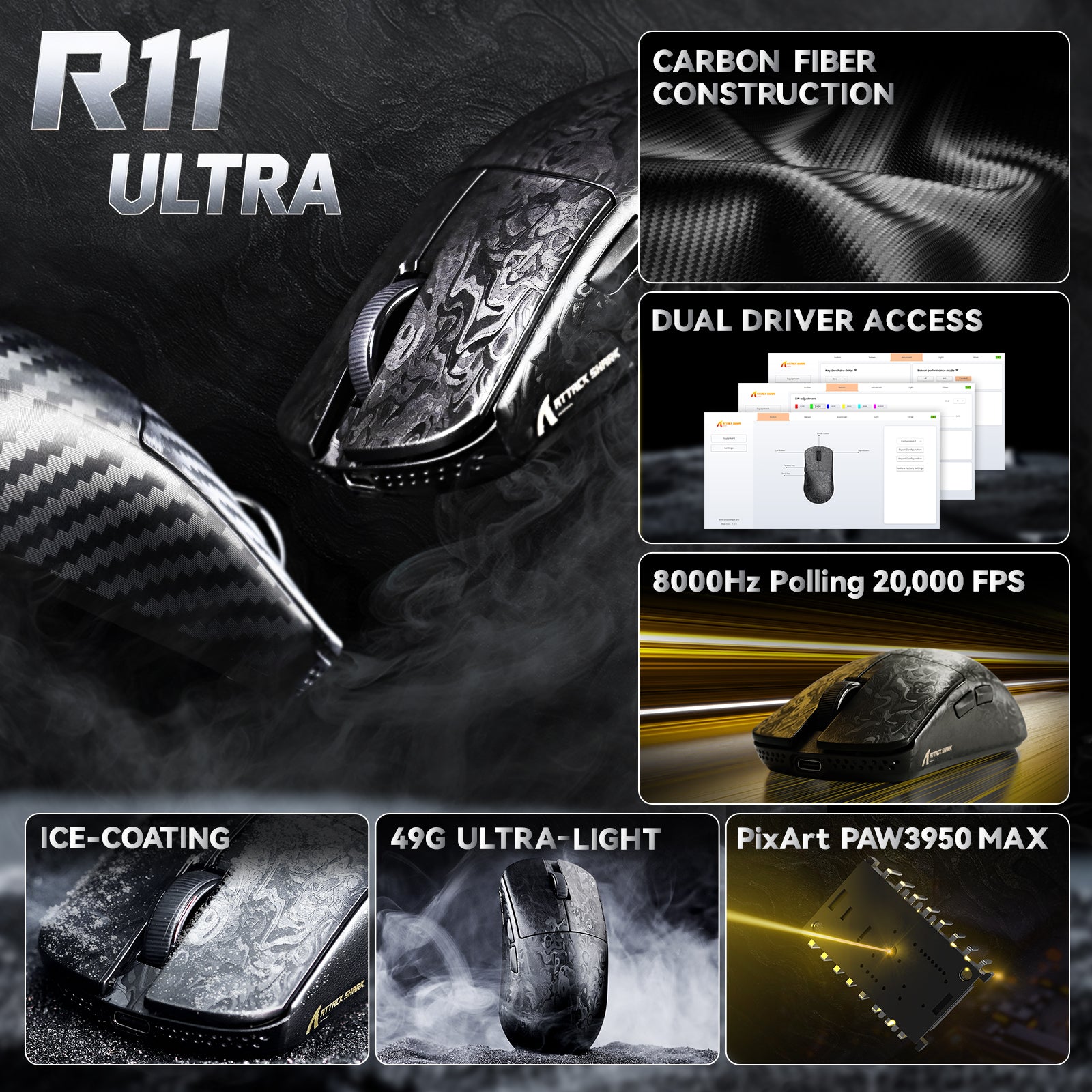 ATTACK SHARK R11 ULTRA 카본 파이버 무선 8K PAW3950MAX 게이밍 마우스 C06 Ultra LED 케이블 포함