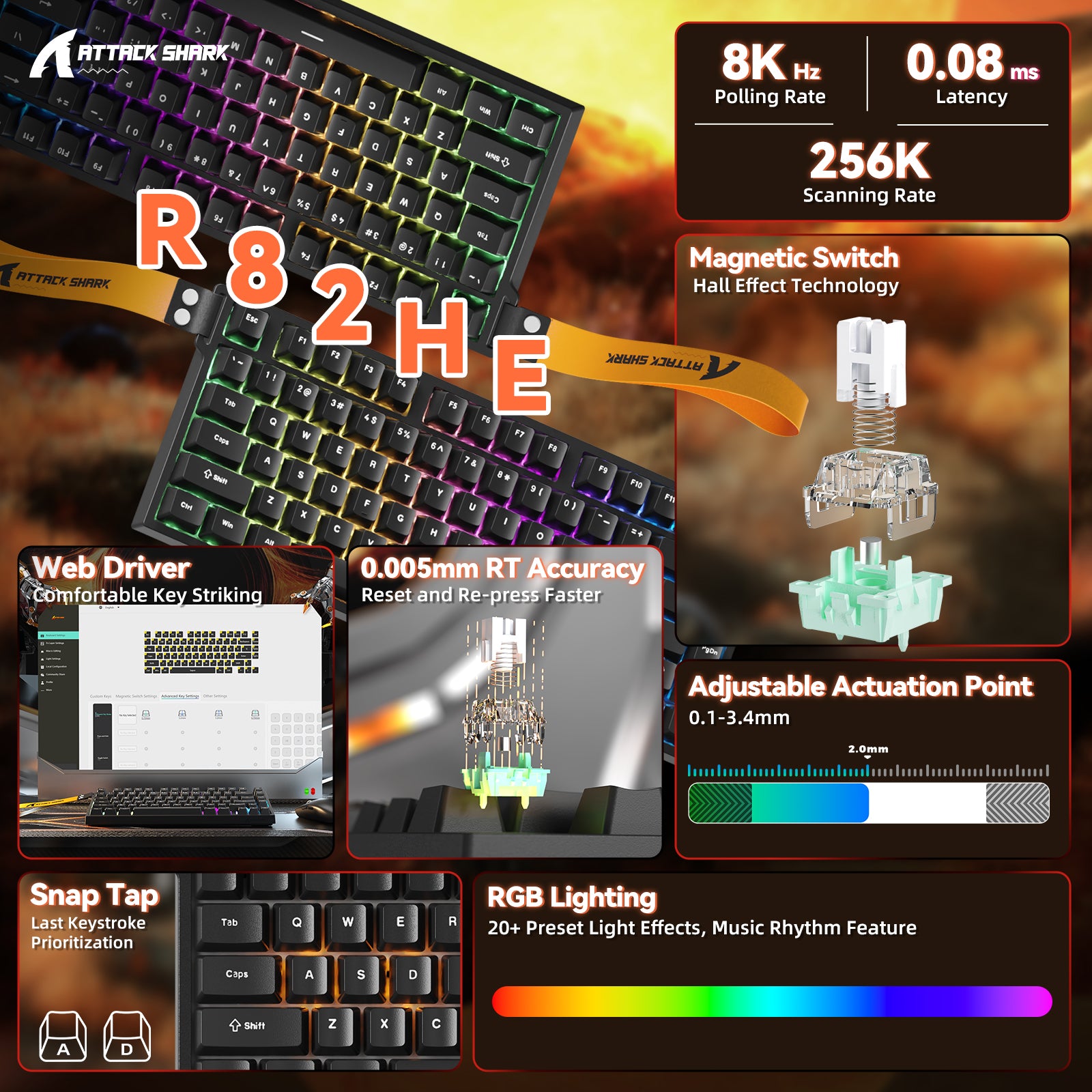 ATTACK SHARK R82 HE 래피드 트리거 키보드 마그네틱 스위치 0.005MM RT 포함