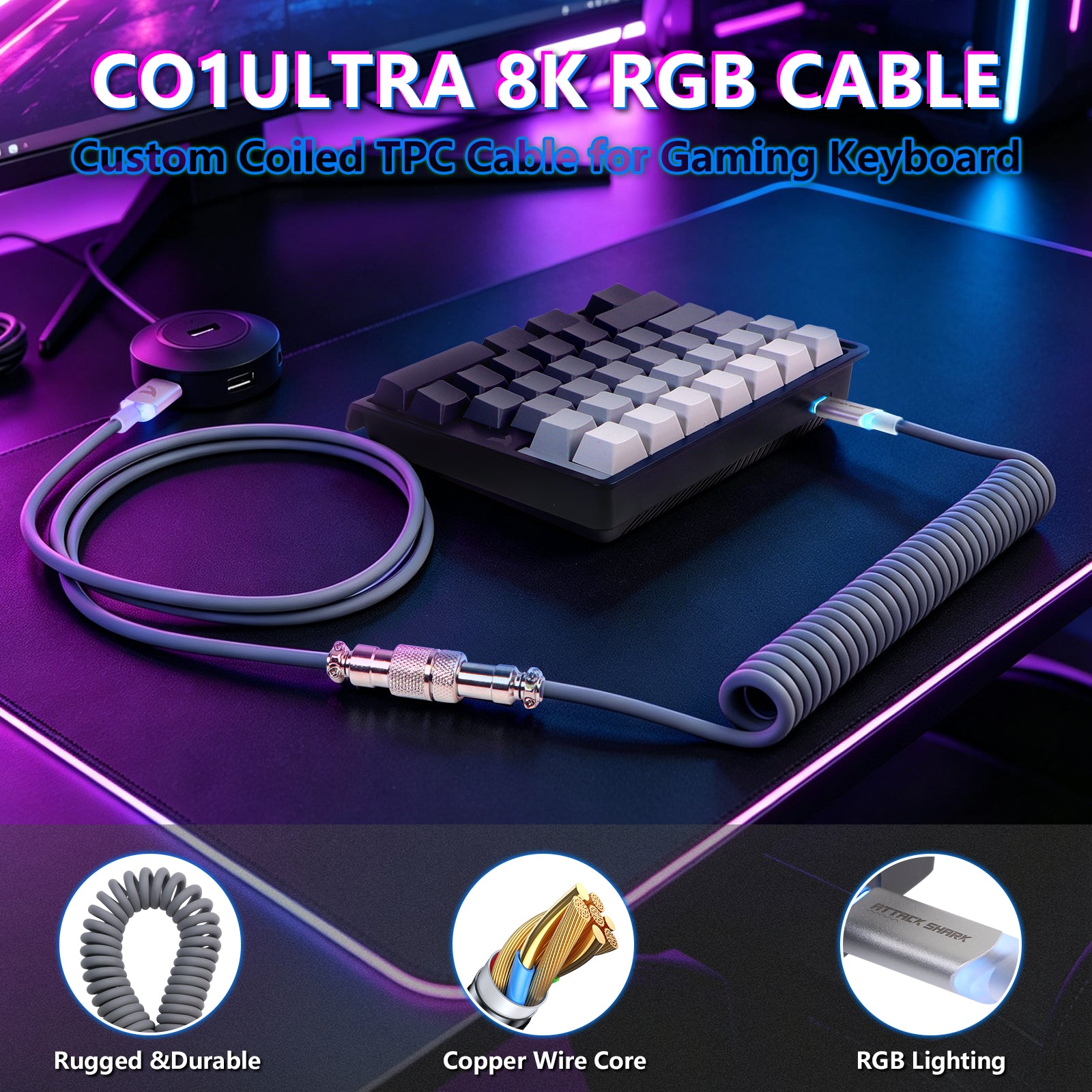 ATTACK SHARK M36 HE 한손용 마그네틱 스위치 키보드 & C01 ULTRA LED 조종사 케이블