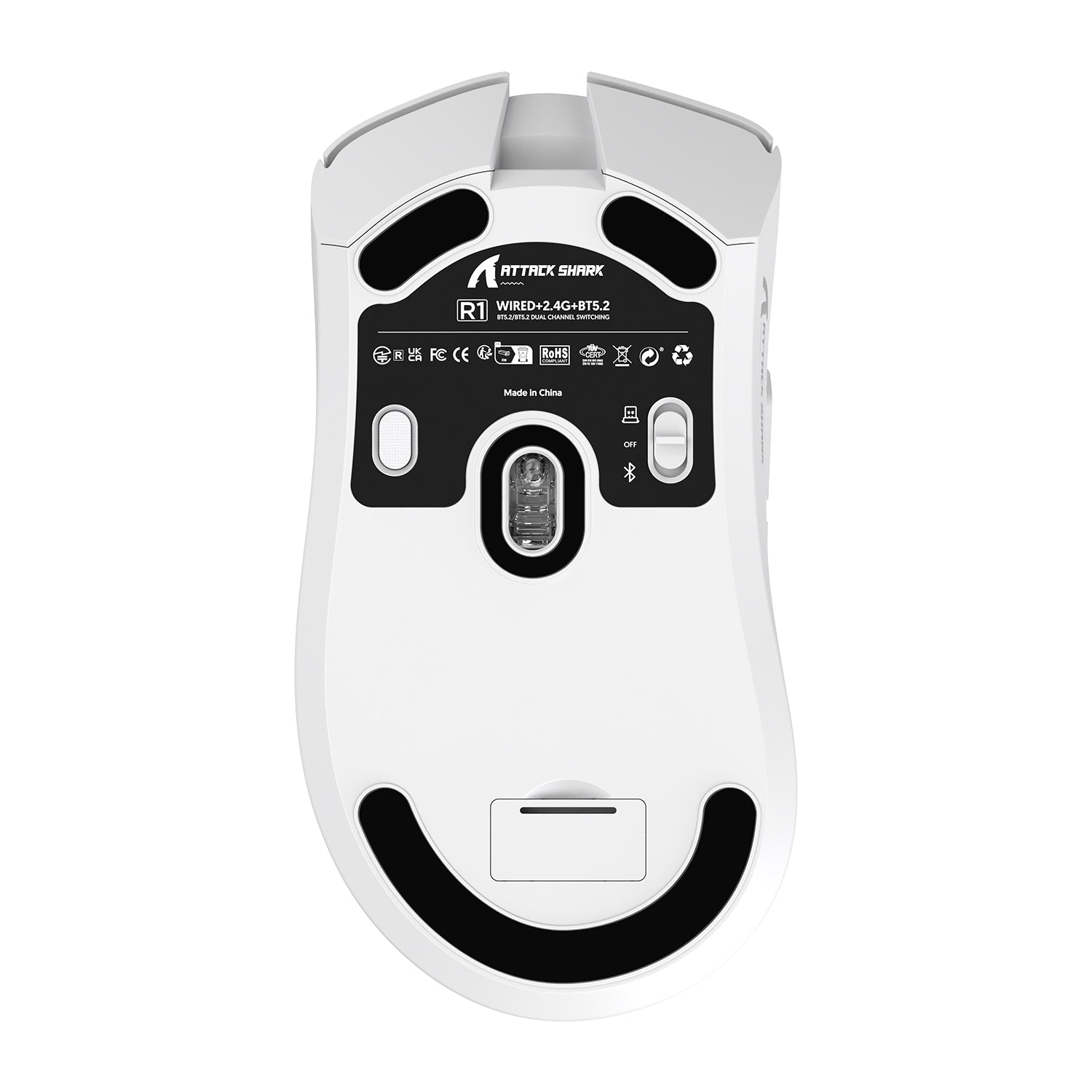 ATTACK SHARK R1 wireless gaming mouse side view with ergonomic shell and scroll wheel