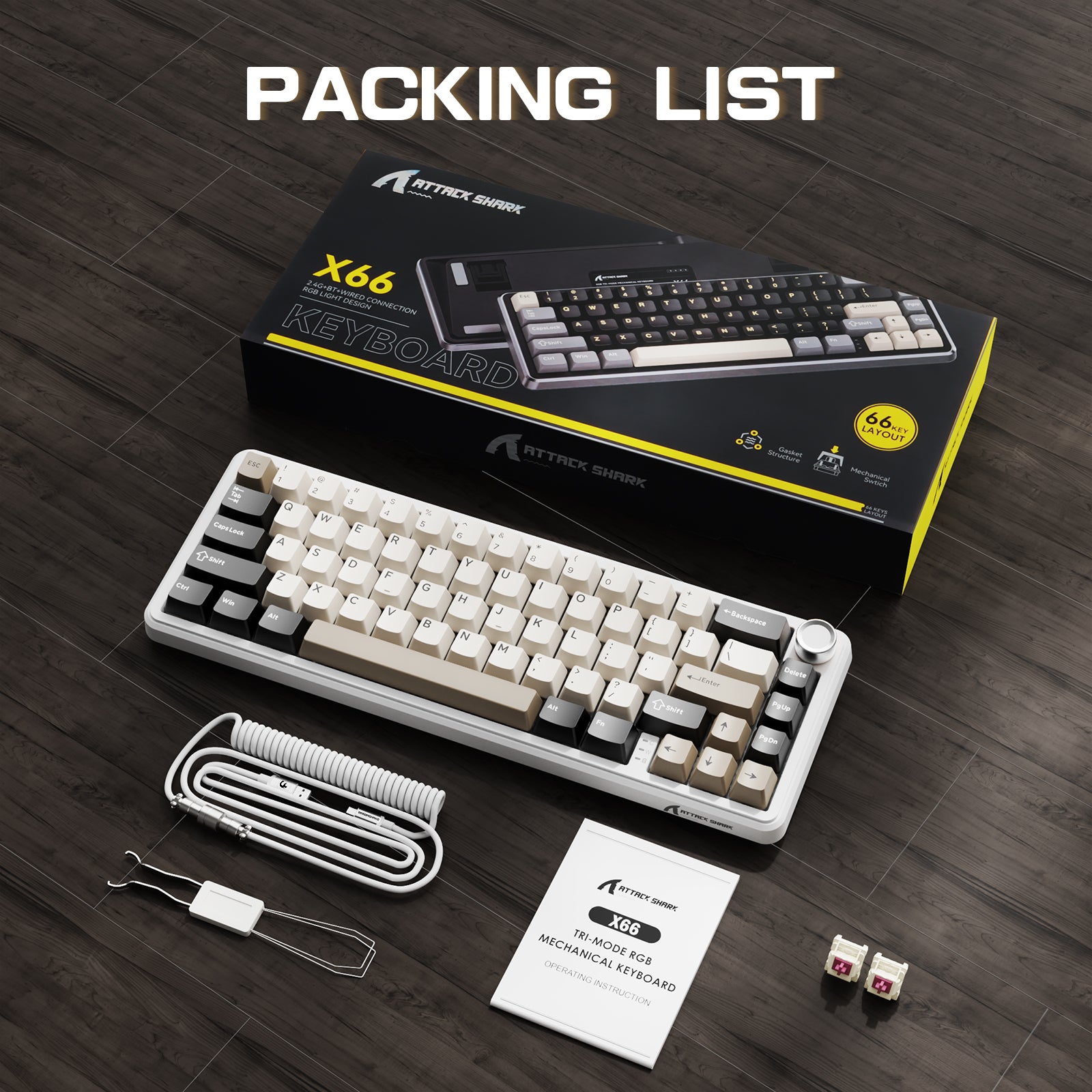ATTACK SHARK X66 Wireless Mechanical Keyboard with 66-key layout, RGB lighting, coiled cable, and instructions.