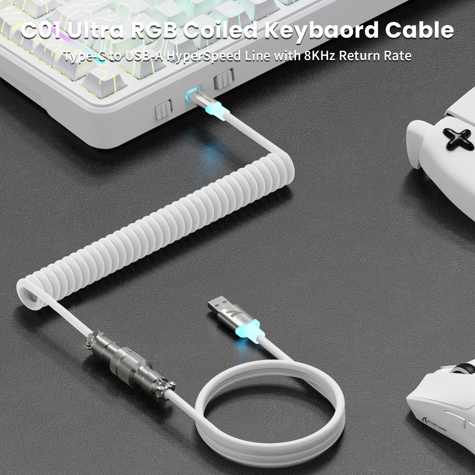 ATTACK SHARK X82PRO HE white coiled cable with RGB lighting, 8KHz return rate. USB-A to Type-C.