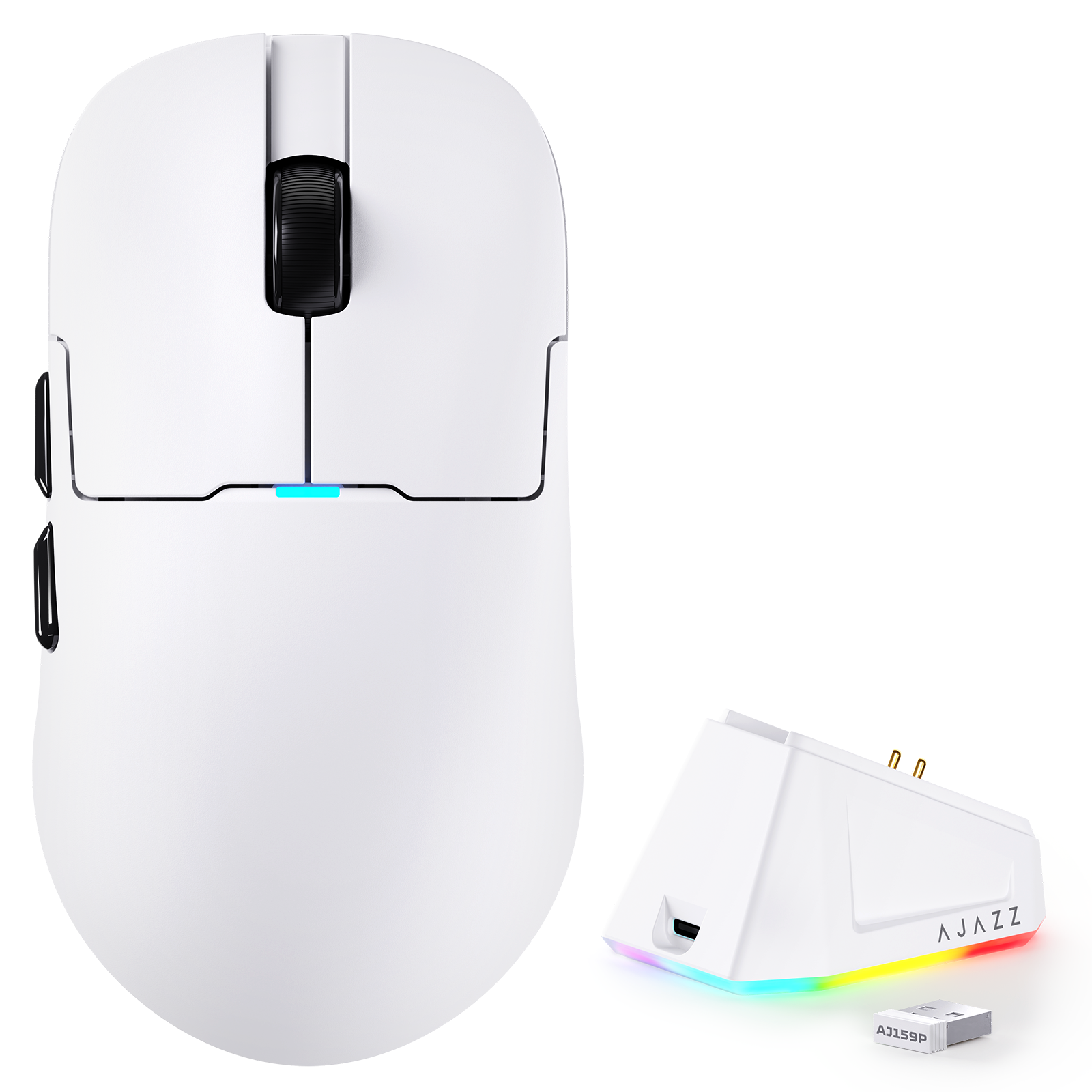 AJAZZ AJ159P wireless gaming mouse with charging dock in white