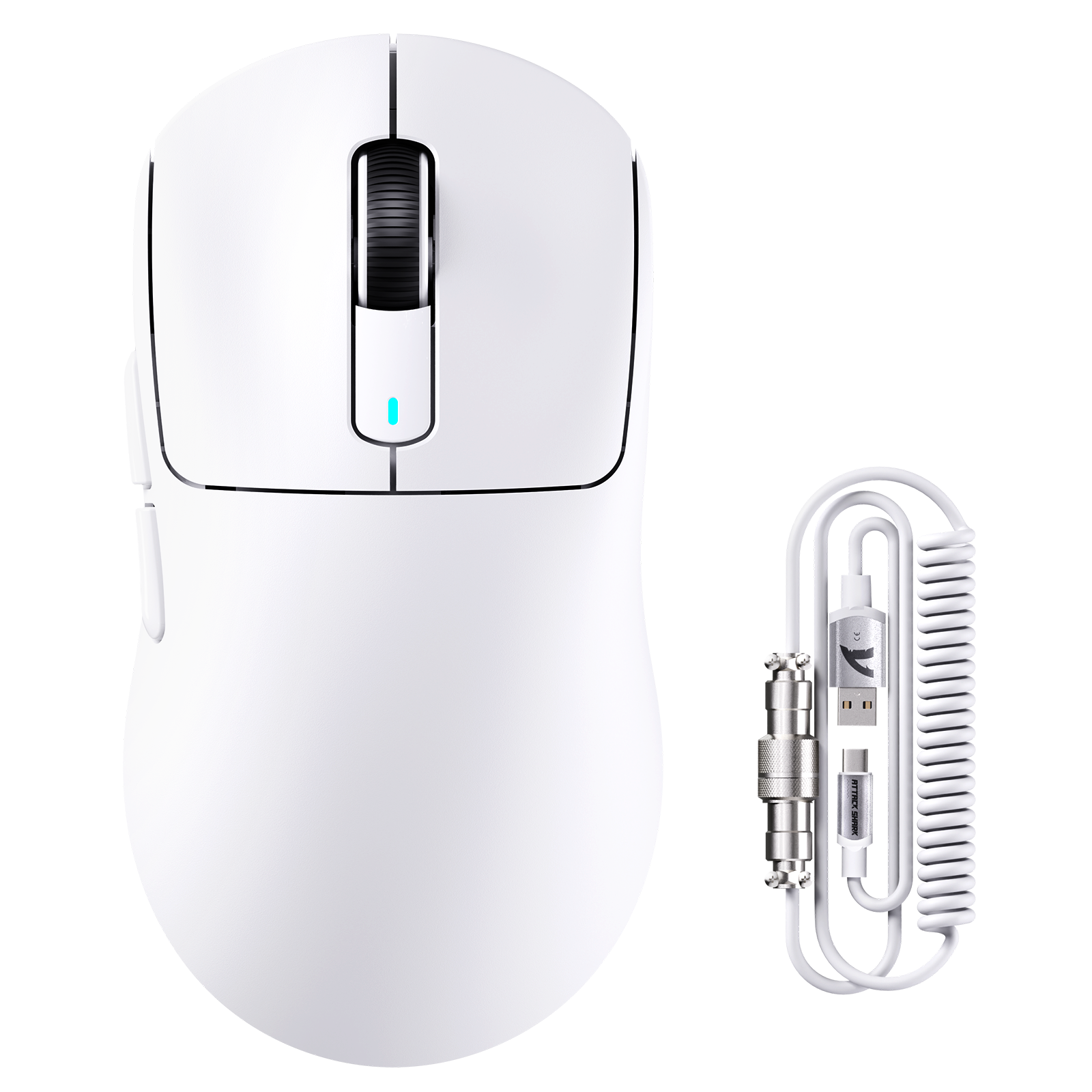 White wireless gaming mouse with magnetic charging cable